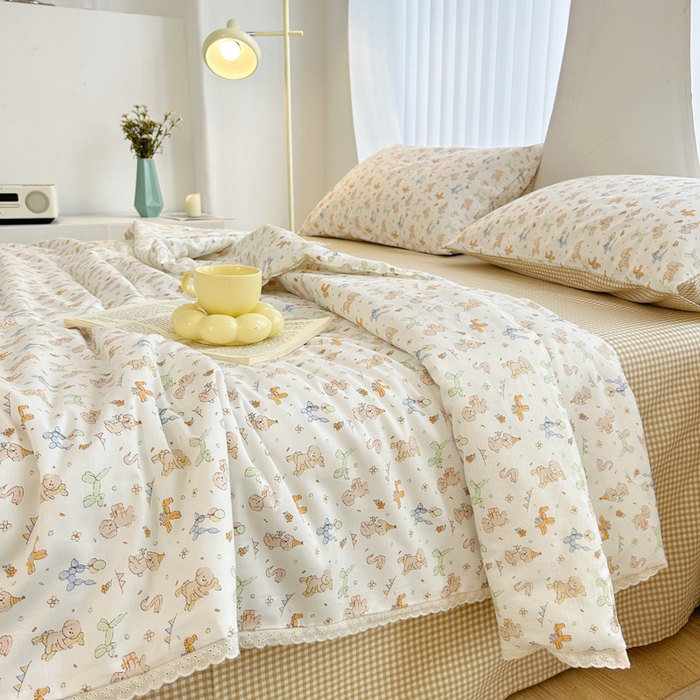 91家纺网 家纺一手货源 找家纺 柠馨 2025新款全棉纯棉印花夏被夏凉被空调被四件套 狗狗派对