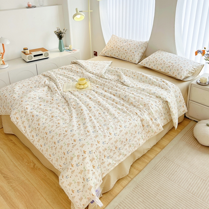 91家纺网 家纺一手货源 找家纺 柠馨 2025新款全棉纯棉印花夏被夏凉被空调被四件套 狗狗派对