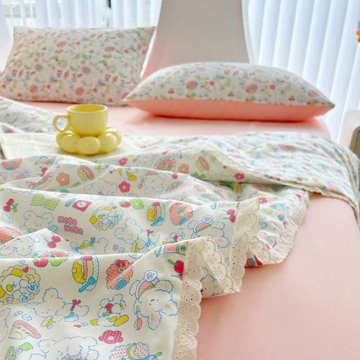 91家纺网 家纺一手货源 找家纺 柠馨 2025新款全棉纯棉印花夏被夏凉被空调被四件套 枝枝桃桃