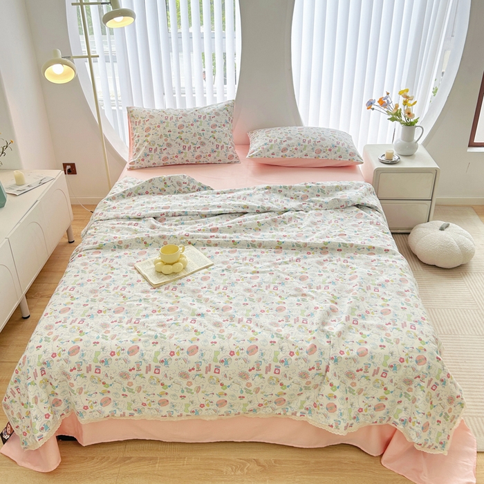 91家纺网 家纺一手货源 找家纺 柠馨 2025新款全棉纯棉印花夏被夏凉被空调被四件套 枝枝桃桃