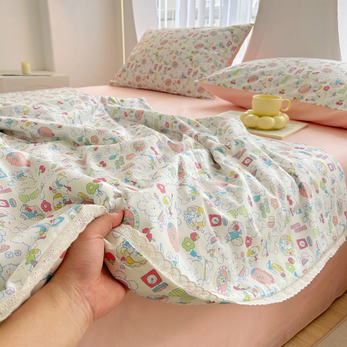 91家纺网 家纺一手货源 找家纺 柠馨 2025新款全棉纯棉印花夏被夏凉被空调被四件套 枝枝桃桃