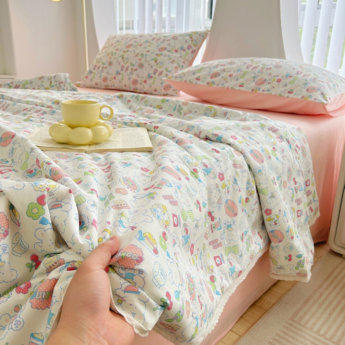 91家纺网 家纺一手货源 找家纺 柠馨 2025新款全棉纯棉印花夏被夏凉被空调被四件套 枝枝桃桃