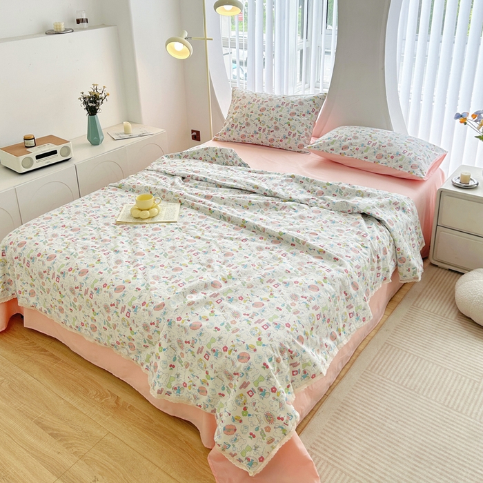 91家纺网 家纺一手货源 找家纺 柠馨 2025新款全棉纯棉印花夏被夏凉被空调被四件套 枝枝桃桃