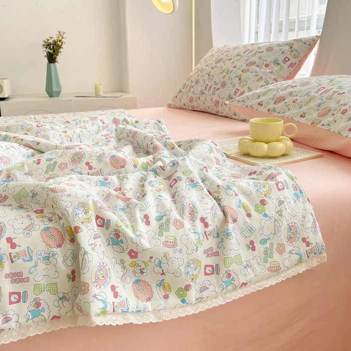 91家纺网 家纺一手货源 找家纺 柠馨 2025新款全棉纯棉印花夏被夏凉被空调被四件套 枝枝桃桃