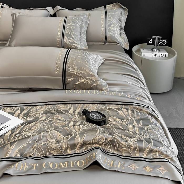 91家纺网 家纺一手货源 找家纺 帝王家纺 2025新款浮雕刺绣水洗天丝真丝夏被四件套冰丝三件套单夏被夏季直播 玉叶金枝—浅灰