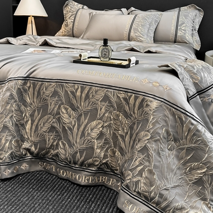 91家纺网 家纺一手货源 找家纺 帝王家纺 2025新款浮雕刺绣水洗天丝真丝夏被四件套冰丝三件套单夏被夏季直播 玉叶金枝—水蓝