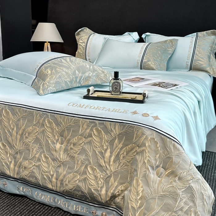 91家纺网 家纺一手货源 找家纺 帝王家纺 2025新款浮雕刺绣水洗天丝真丝夏被四件套冰丝三件套单夏被夏季直播 玉叶金枝—水蓝