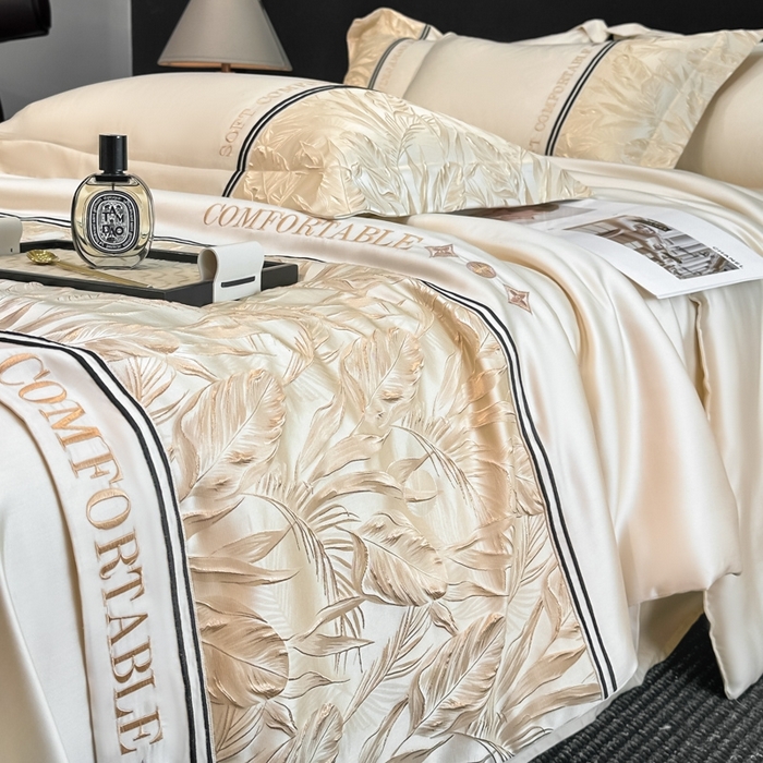 91家纺网 家纺一手货源 找家纺 帝王家纺 2025新款浮雕刺绣水洗天丝真丝夏被四件套冰丝三件套单夏被夏季直播 玉叶金枝—米白