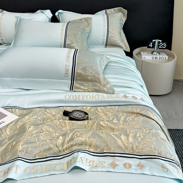 91家纺网 家纺一手货源 找家纺 帝王家纺 2025新款浮雕刺绣水洗天丝真丝夏被四件套冰丝三件套单夏被夏季直播 玉叶金枝—水蓝