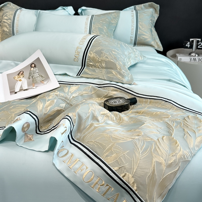 91家纺网 家纺一手货源 找家纺 帝王家纺 2025新款浮雕刺绣水洗天丝真丝夏被四件套冰丝三件套单夏被夏季直播 玉叶金枝—水蓝