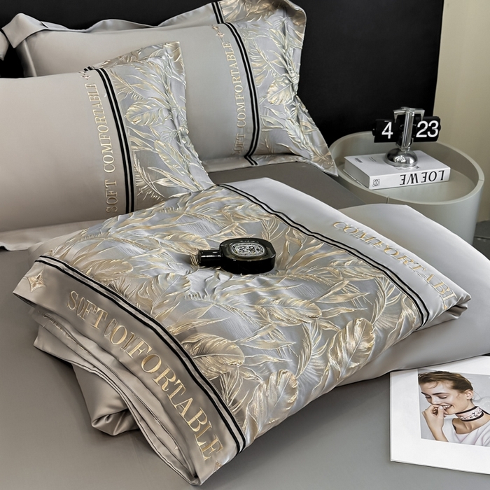 91家纺网 家纺一手货源 找家纺 帝王家纺 2025新款浮雕刺绣水洗天丝真丝夏被四件套冰丝三件套单夏被夏季直播 玉叶金枝—浅灰