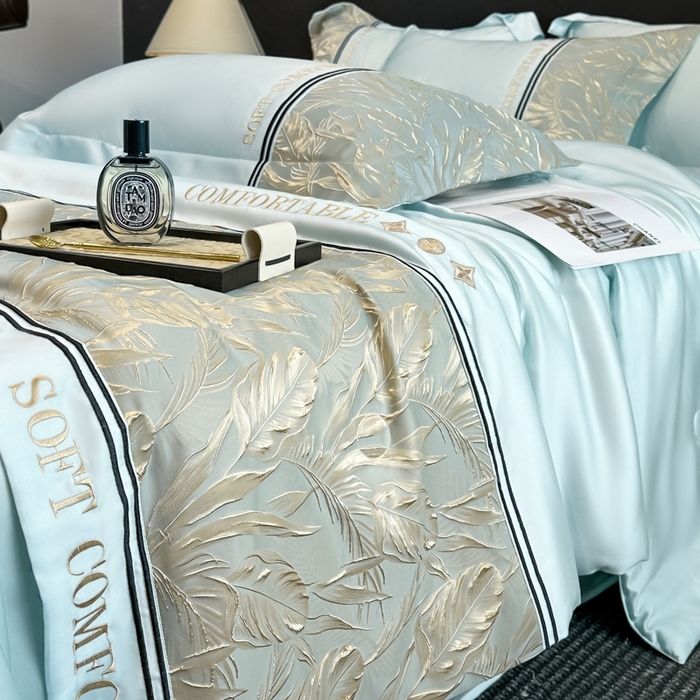 91家纺网 家纺一手货源 找家纺 帝王家纺 2025新款浮雕刺绣水洗天丝真丝夏被四件套冰丝三件套单夏被夏季直播 玉叶金枝—水蓝