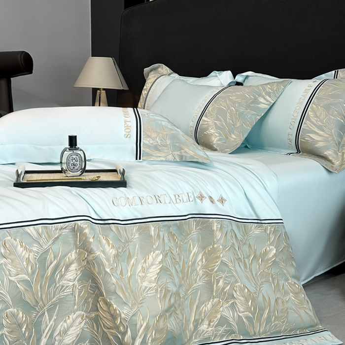 91家纺网 家纺一手货源 找家纺 帝王家纺 2025新款浮雕刺绣水洗天丝真丝夏被四件套冰丝三件套单夏被夏季直播 玉叶金枝—水蓝