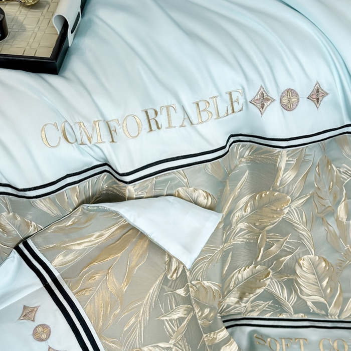 91家纺网 家纺一手货源 找家纺 帝王家纺 2025新款浮雕刺绣水洗天丝真丝夏被四件套冰丝三件套单夏被夏季直播 玉叶金枝—水蓝