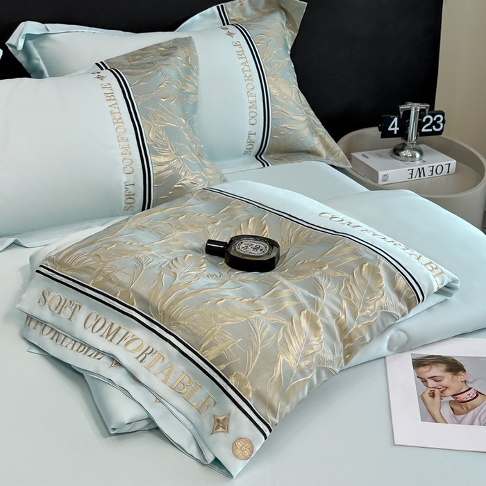 91家纺网 家纺一手货源 找家纺 帝王家纺 2025新款浮雕刺绣水洗天丝真丝夏被四件套冰丝三件套单夏被夏季直播 玉叶金枝—水蓝