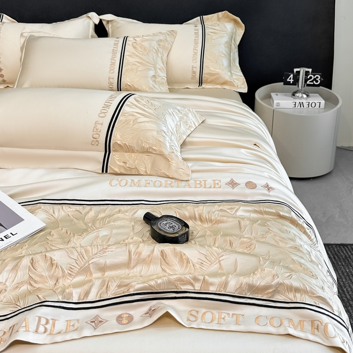 91家纺网 家纺一手货源 找家纺 帝王家纺 2025新款浮雕刺绣水洗天丝真丝夏被四件套冰丝三件套单夏被夏季直播 玉叶金枝—米白