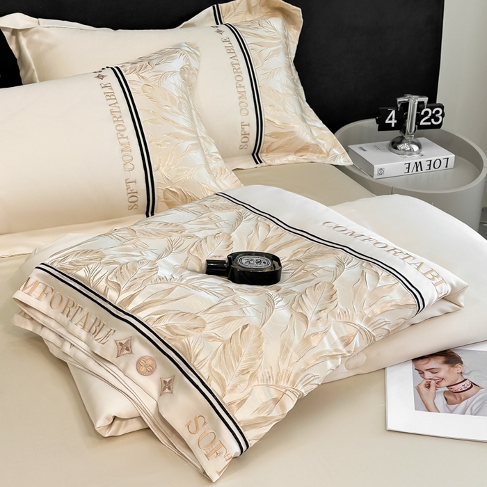 91家纺网 家纺一手货源 找家纺 帝王家纺 2025新款浮雕刺绣水洗天丝真丝夏被四件套冰丝三件套单夏被夏季直播 玉叶金枝—米白