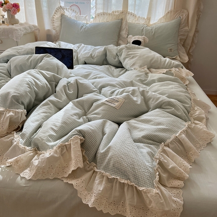 六巷胡同 2025新款法式小清新全棉色织水洗棉花边款小格子四件套 花边纳卡绿格