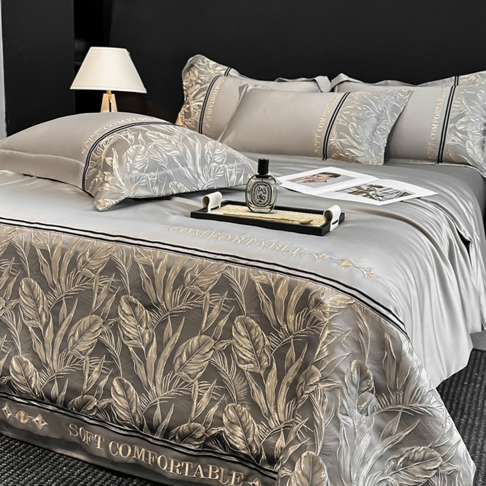 91家纺网 家纺一手货源 找家纺 帝王家纺 2025新款浮雕刺绣水洗天丝真丝夏被四件套冰丝三件套单夏被夏季直播 玉叶金枝—浅灰