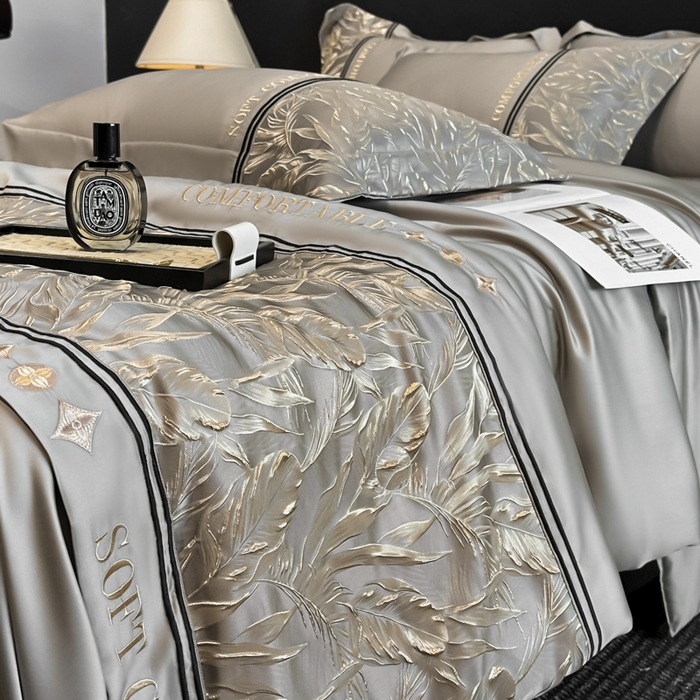 91家纺网 家纺一手货源 找家纺 帝王家纺 2025新款浮雕刺绣水洗天丝真丝夏被四件套冰丝三件套单夏被夏季直播 玉叶金枝—浅灰