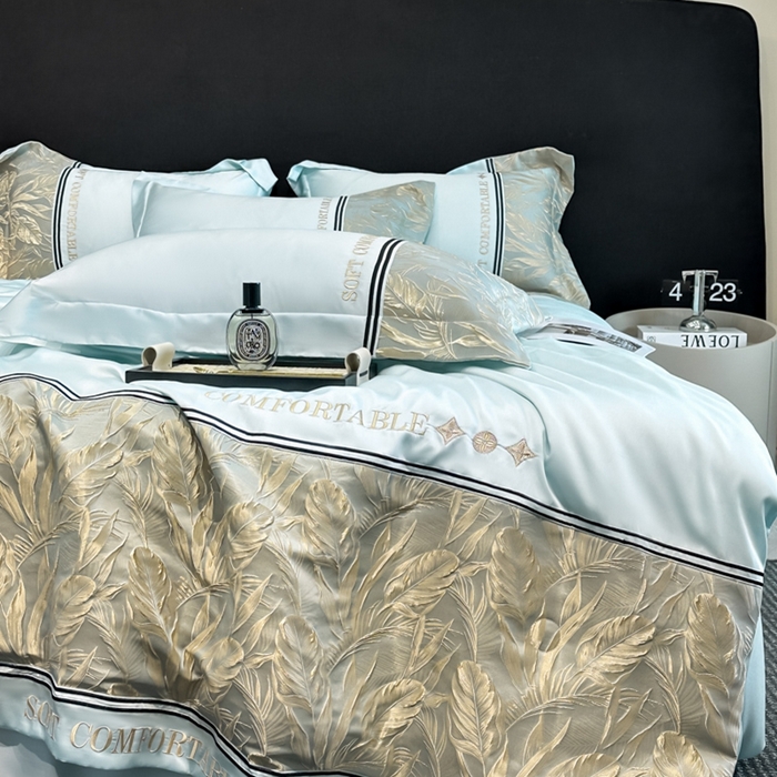 91家纺网 家纺一手货源 找家纺 帝王家纺 2025新款浮雕刺绣水洗天丝真丝夏被四件套冰丝三件套单夏被夏季直播 玉叶金枝—水蓝