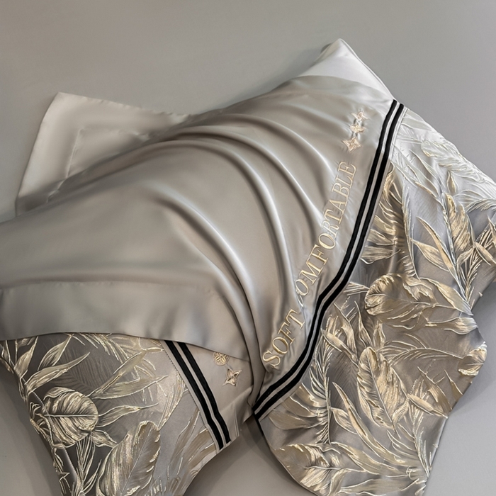 91家纺网 家纺一手货源 找家纺 帝王家纺 2025新款浮雕刺绣水洗天丝真丝夏被四件套冰丝三件套单夏被夏季直播 玉叶金枝—浅灰