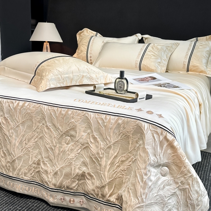 91家纺网 家纺一手货源 找家纺 帝王家纺 2025新款浮雕刺绣水洗天丝真丝夏被四件套冰丝三件套单夏被夏季直播 玉叶金枝—米白