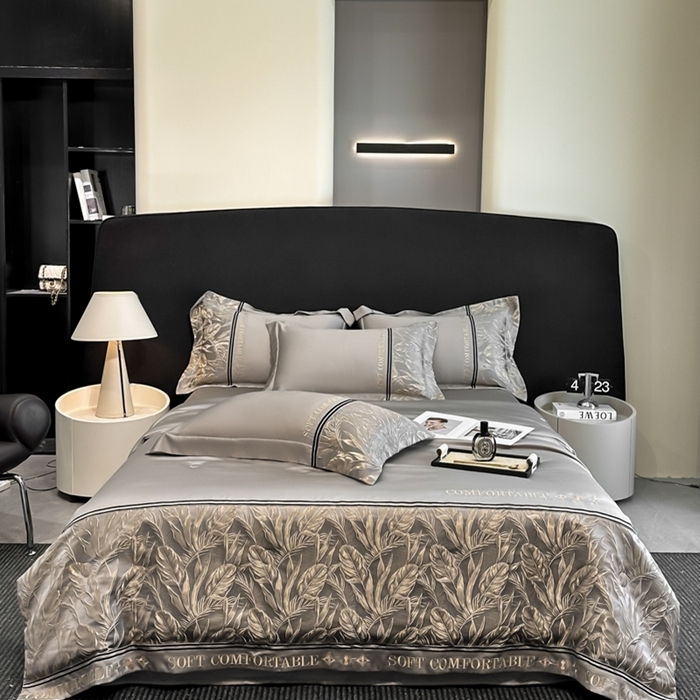 91家纺网 家纺一手货源 找家纺 帝王家纺 2025新款浮雕刺绣水洗天丝真丝夏被四件套冰丝三件套单夏被夏季直播 玉叶金枝—浅灰