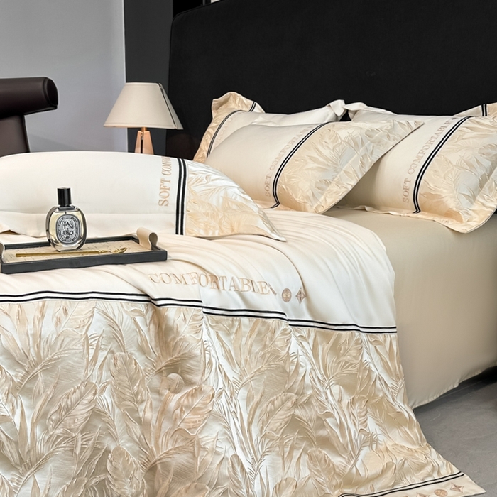 91家纺网 家纺一手货源 找家纺 帝王家纺 2025新款浮雕刺绣水洗天丝真丝夏被四件套冰丝三件套单夏被夏季直播 玉叶金枝—米白