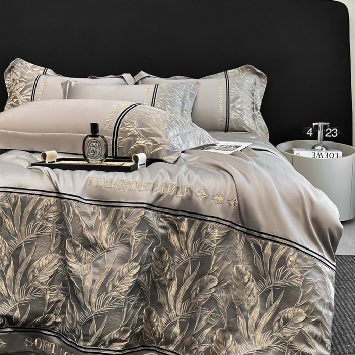 91家纺网 家纺一手货源 找家纺 帝王家纺 2025新款浮雕刺绣水洗天丝真丝夏被四件套冰丝三件套单夏被夏季直播 玉叶金枝—浅灰