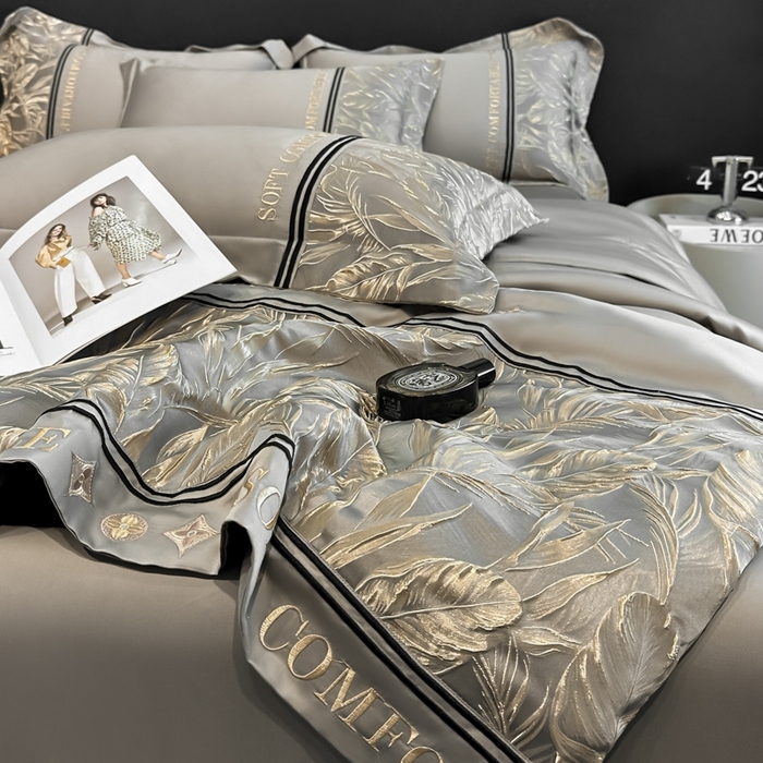 91家纺网 家纺一手货源 找家纺 帝王家纺 2025新款浮雕刺绣水洗天丝真丝夏被四件套冰丝三件套单夏被夏季直播 玉叶金枝—浅灰