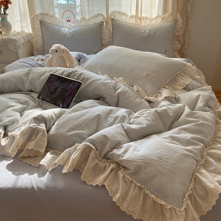 六巷胡同 2025新款法式小清新全棉色织水洗棉花边款小格子四件套 花边维尔蓝格