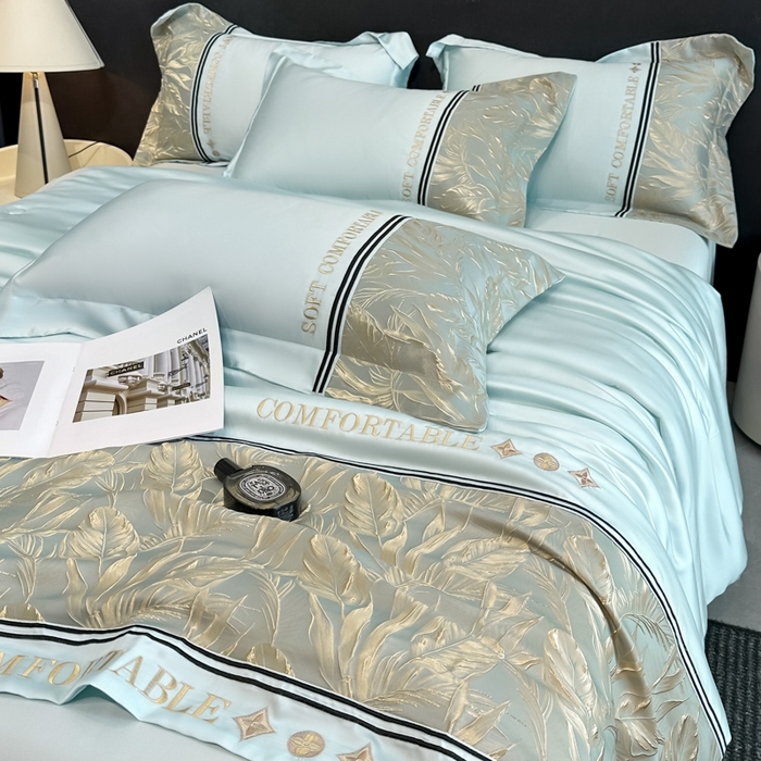 91家纺网 家纺一手货源 找家纺 帝王家纺 2025新款浮雕刺绣水洗天丝真丝夏被四件套冰丝三件套单夏被夏季直播 玉叶金枝—水蓝