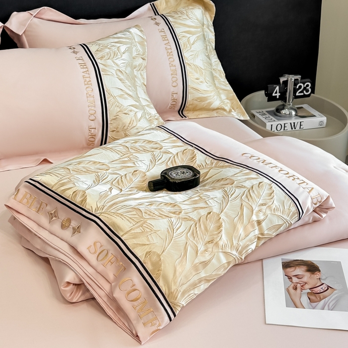 91家纺网 家纺一手货源 找家纺 帝王家纺 2025新款浮雕刺绣水洗天丝真丝夏被四件套冰丝三件套单夏被夏季直播 玉叶金枝—桃粉