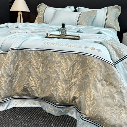 91家纺网 家纺一手货源 找家纺 帝王家纺 2025新款浮雕刺绣水洗天丝真丝夏被四件套冰丝三件套单夏被夏季直播 玉叶金枝—桃粉