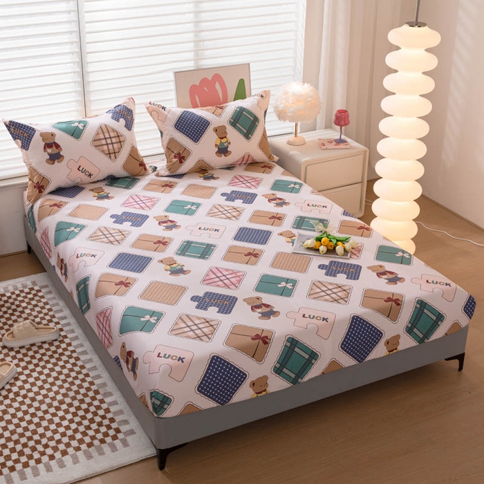 91家纺网 家纺一手货源 找家纺 贝兰仙奴 2025春夏新款全棉纯棉12868印花单床笠 床笠单件 方格熊