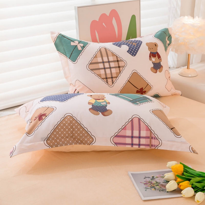 贝兰仙奴 2025春夏新款全棉纯棉12868印花单枕套 枕套单件 方格熊