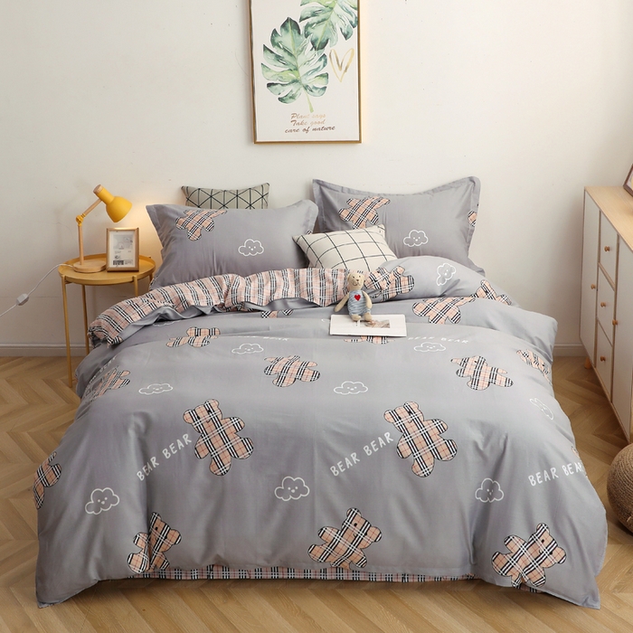 91家纺网 家纺一手货源 找家纺 贝兰仙奴 2025春夏新款全棉纯棉12868印花四件套 小熊宝莉灰