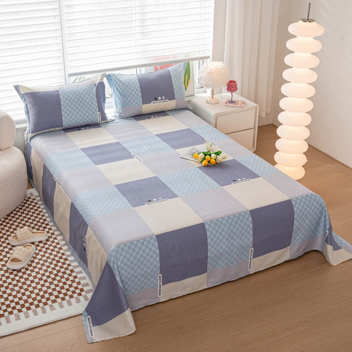 91家纺网 家纺一手货源 找家纺 贝兰仙奴 2025春夏新款全棉纯棉12868印花单床单 床单单件 棋盘格蓝