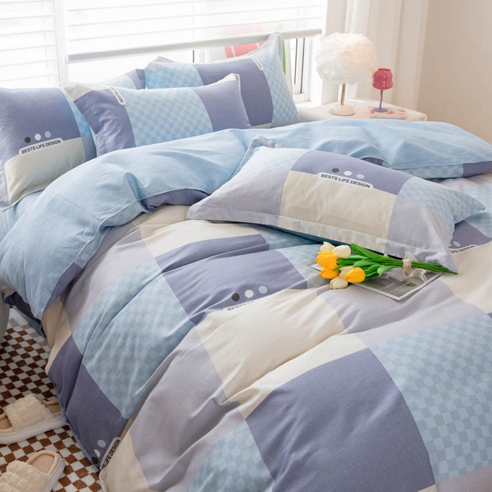 91家纺网 家纺一手货源 找家纺 贝兰仙奴 2025春夏新款全棉纯棉12868印花四件套 棋盘格蓝