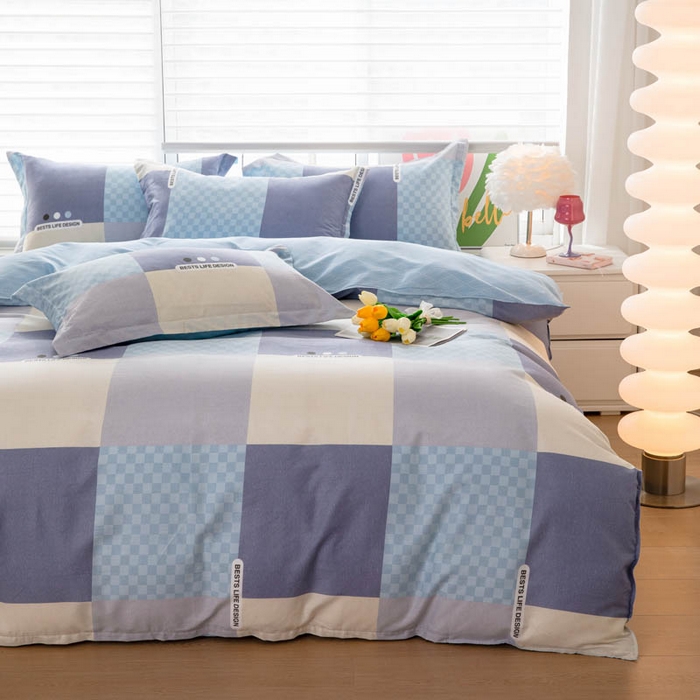 91家纺网 家纺一手货源 找家纺 贝兰仙奴 2025春夏新款全棉纯棉12868印花四件套 棋盘格蓝