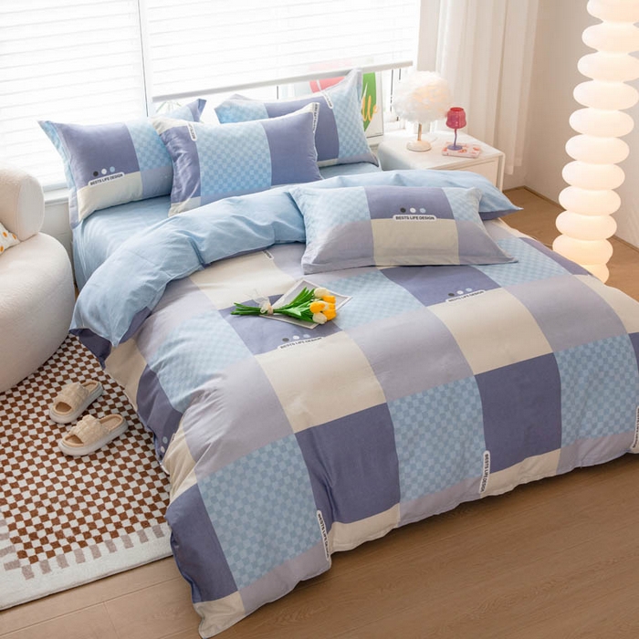 91家纺网 家纺一手货源 找家纺 贝兰仙奴 2025春夏新款全棉纯棉12868印花四件套 棋盘格蓝