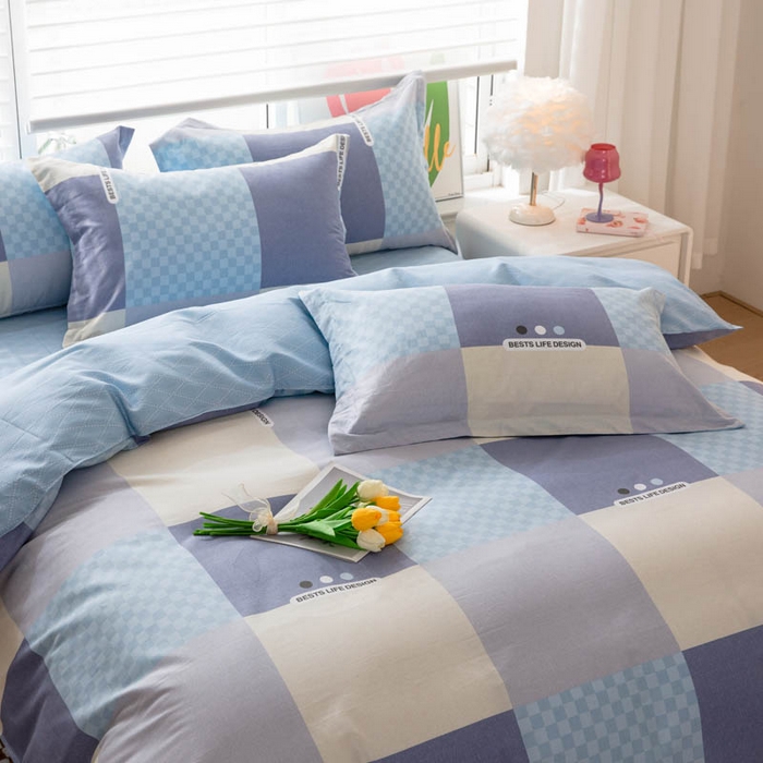 91家纺网 家纺一手货源 找家纺 贝兰仙奴 2025春夏新款全棉纯棉12868印花四件套 棋盘格蓝