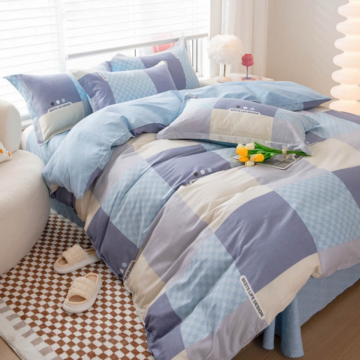 91家纺网 家纺一手货源 找家纺 贝兰仙奴 2025春夏新款全棉纯棉12868印花四件套 棋盘格蓝