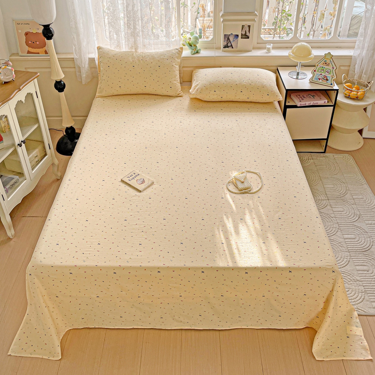 91家纺网 家纺一手货源 找家纺 优选 2025新款母婴级ins小清新双层纱印花床单枕套三件套 缤纷世界