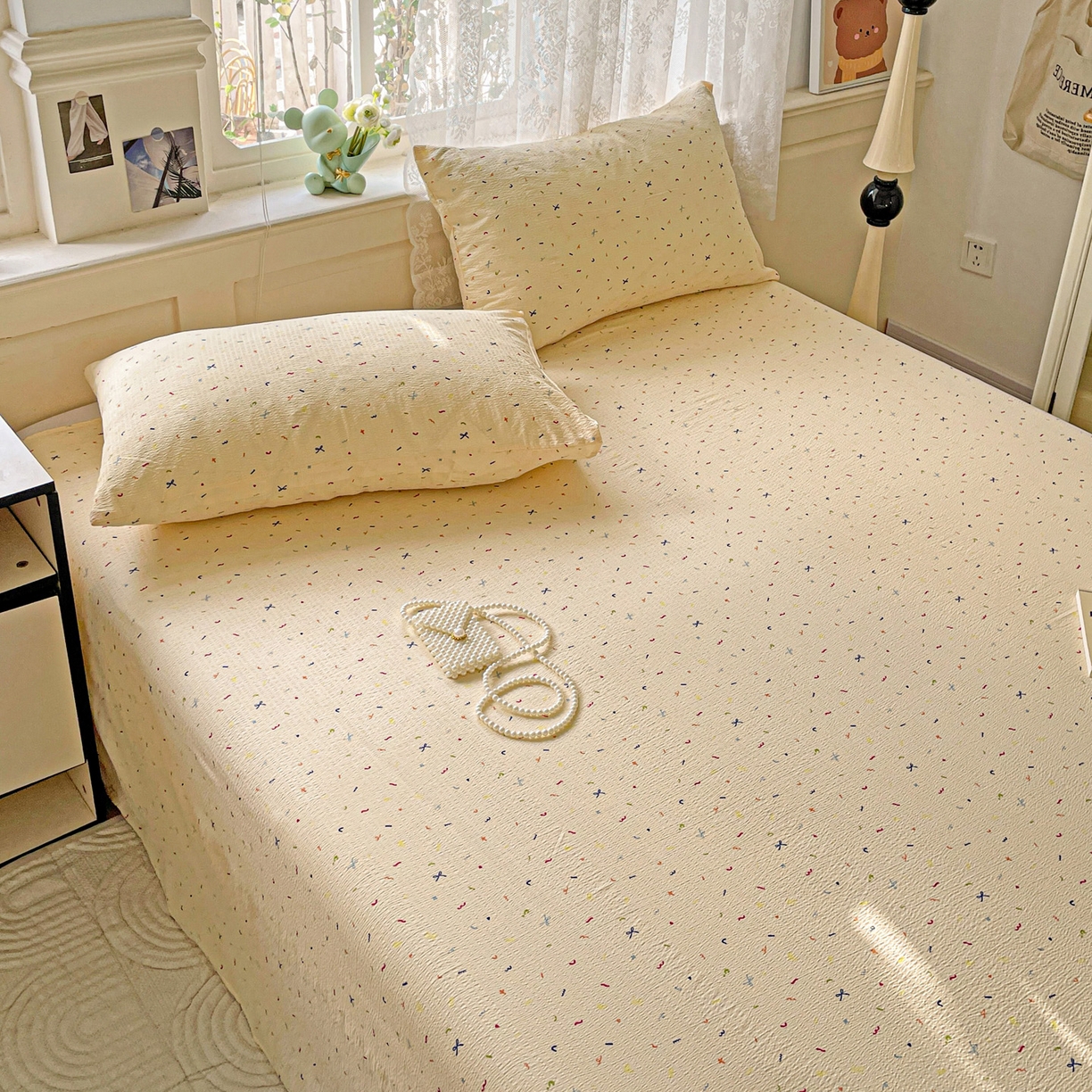 91家纺网 家纺一手货源 找家纺 优选 2025新款母婴级ins小清新双层纱印花床单枕套三件套 缤纷世界