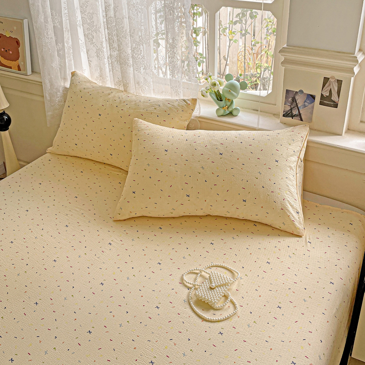 91家纺网 家纺一手货源 找家纺 优选 2025新款母婴级ins小清新双层纱印花床单枕套三件套 缤纷世界