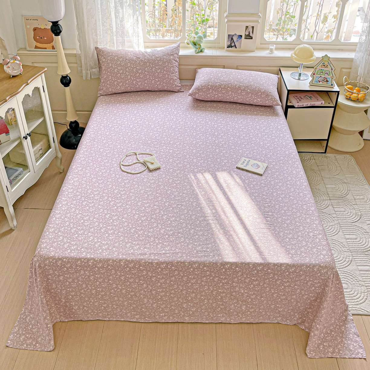 91家纺网 家纺一手货源 找家纺 优选 2025新款母婴级ins小清新双层纱印花床单枕套三件套 晨幕花间