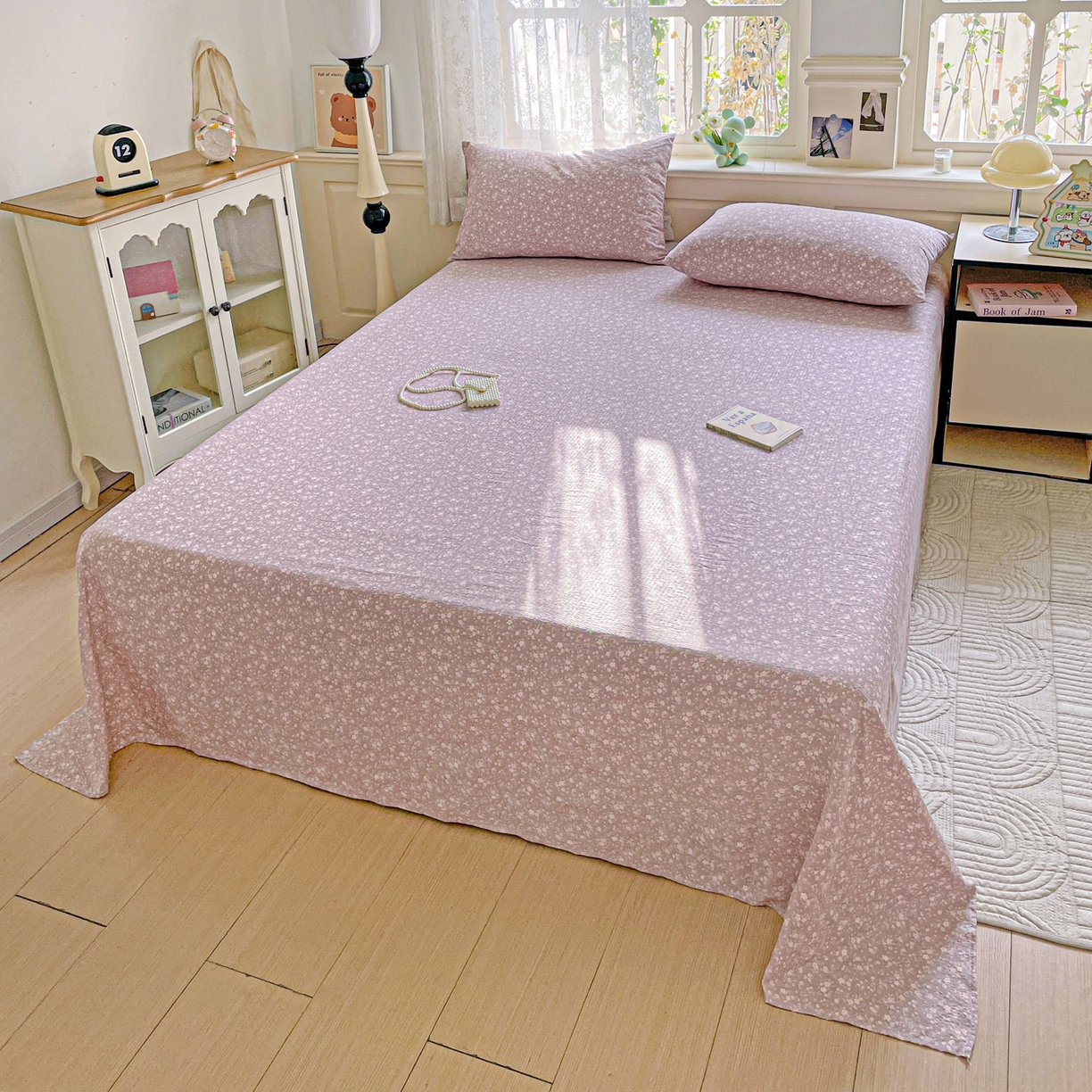 91家纺网 家纺一手货源 找家纺 优选 2025新款母婴级ins小清新双层纱印花床单枕套三件套 晨幕花间