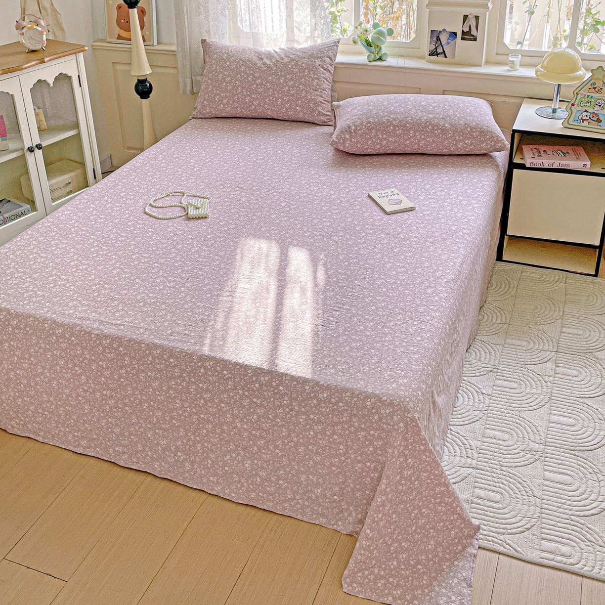 91家纺网 家纺一手货源 找家纺 优选 2025新款母婴级ins小清新双层纱印花床单枕套三件套 晨幕花间